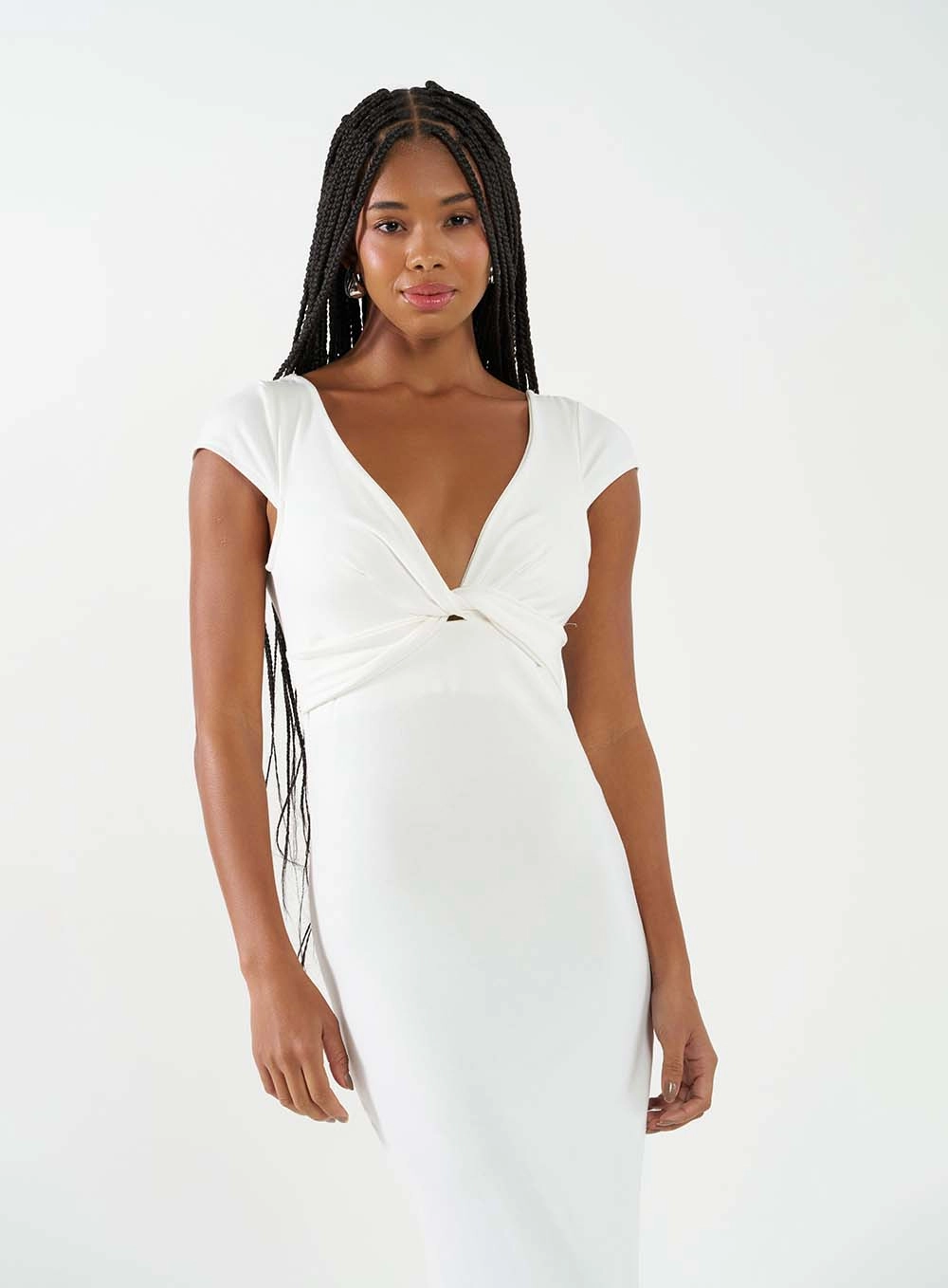 Vestido Midi Malha Creponada E Decote V Off Shell 2
