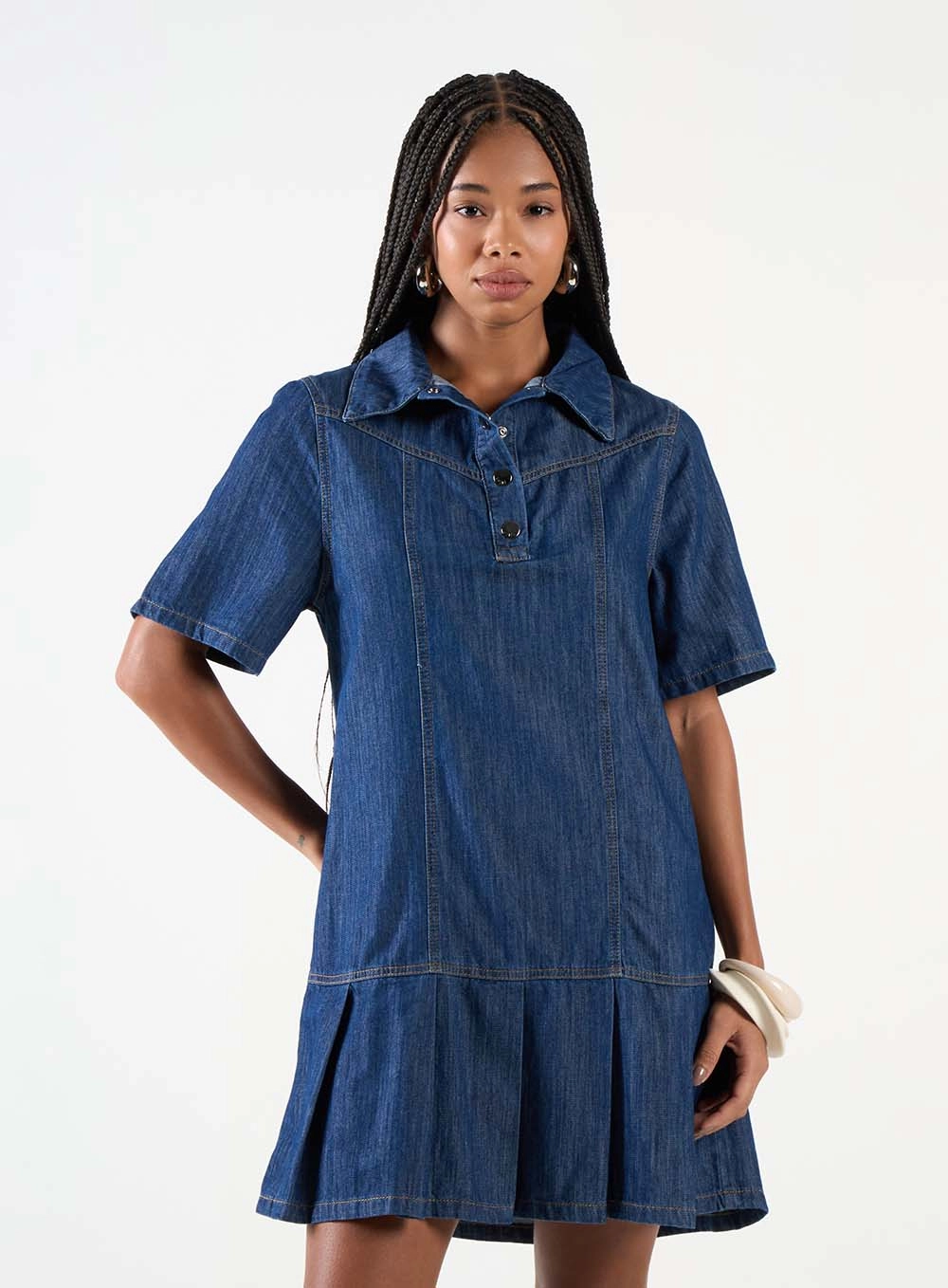 Vestido Chemise Jeans Plissado Índigo 2