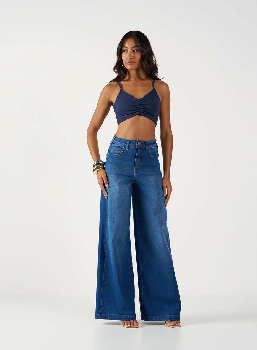 Top Slim Com Franzido E Decote V Azul 2