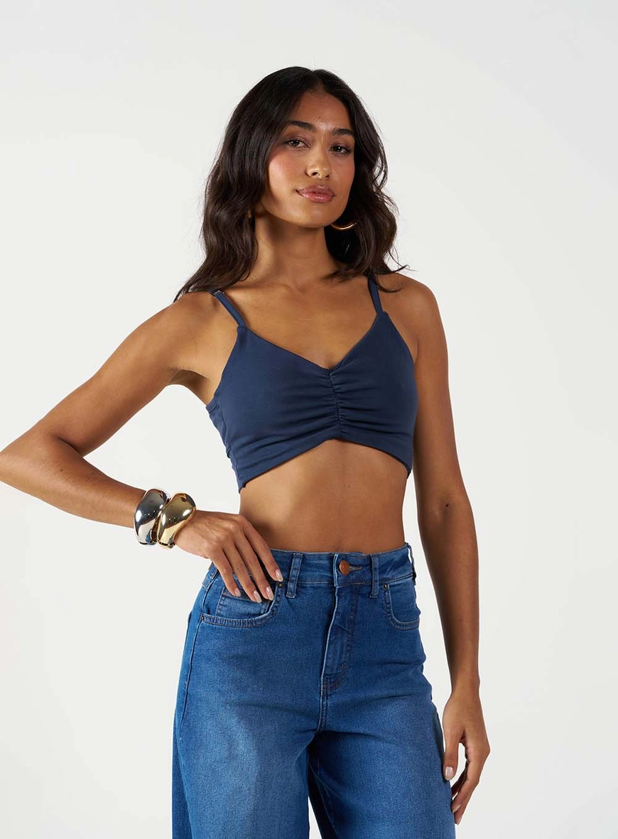 Top Slim Com Franzido E Decote V Azul 1
