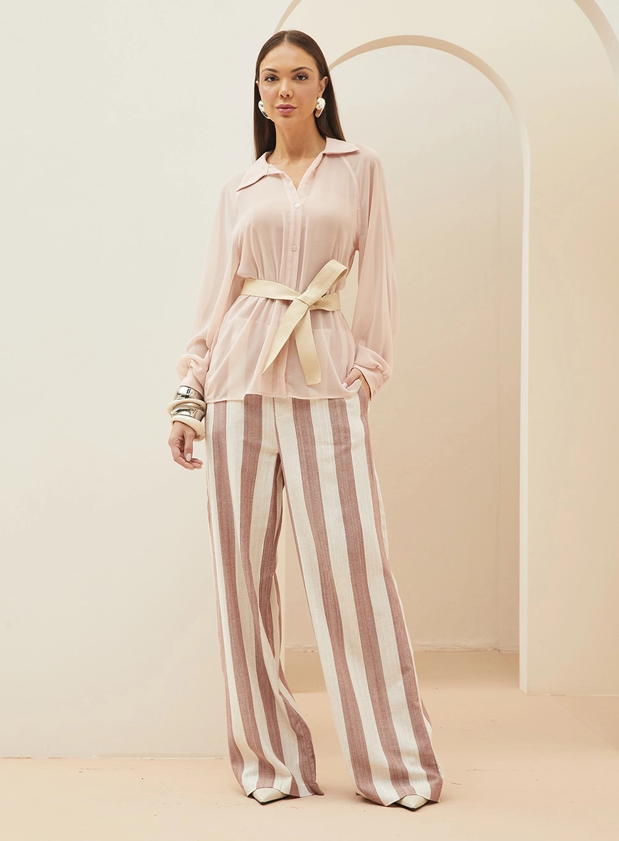 Calça Em Linho Listrada Ampla Estampados