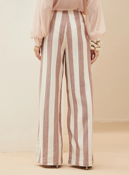 Calça Em Linho Listrada Ampla