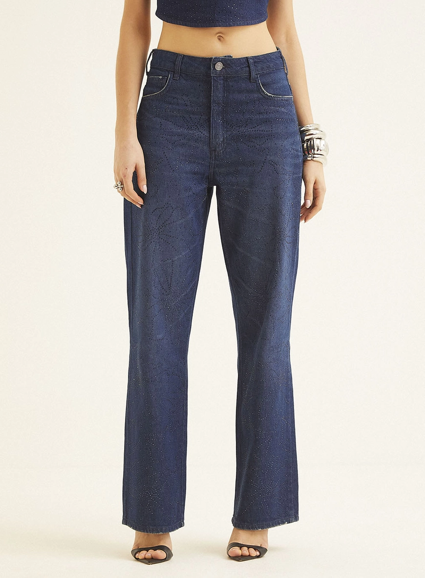 Calça Jeans Feminina Loose Fit Com Aplicação Índigo 2
