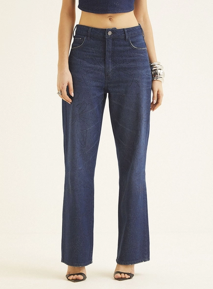 Calça Jeans Feminina Loose Fit Com Aplicação