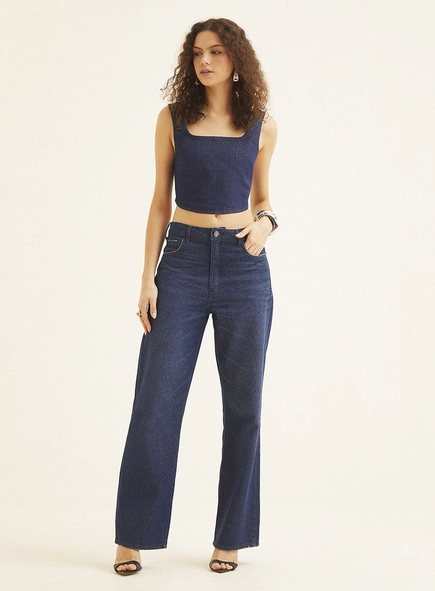 Calça Jeans Feminina Loose Fit Com Aplicação