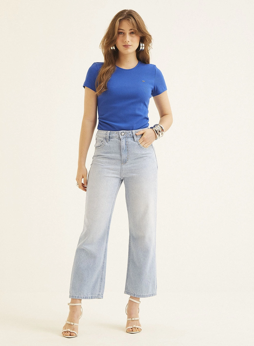Calça Jeans Feminina New Straight Com Aplicações Índigo 1