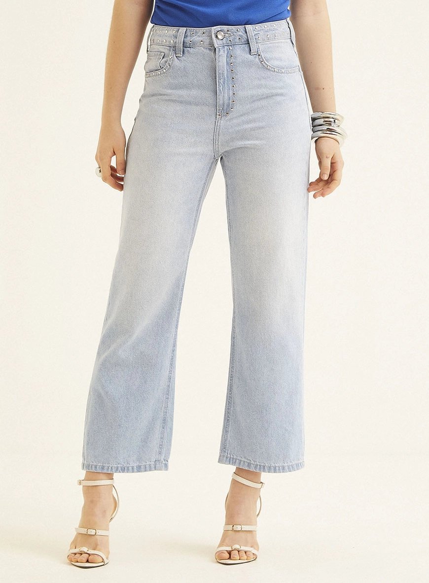 Calça Jeans Feminina New Straight Com Aplicações Índigo 2