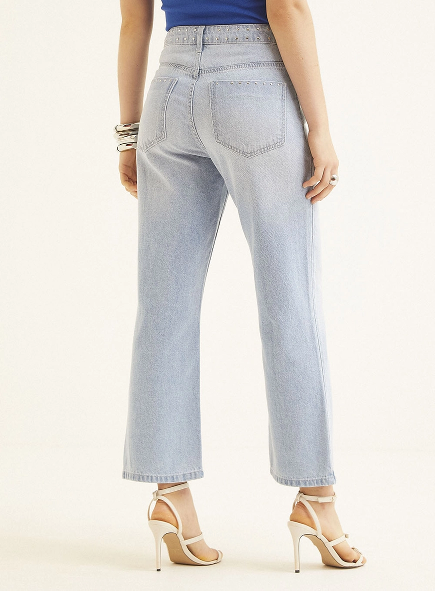 Calça Jeans Feminina New Straight Com Aplicações Índigo 4