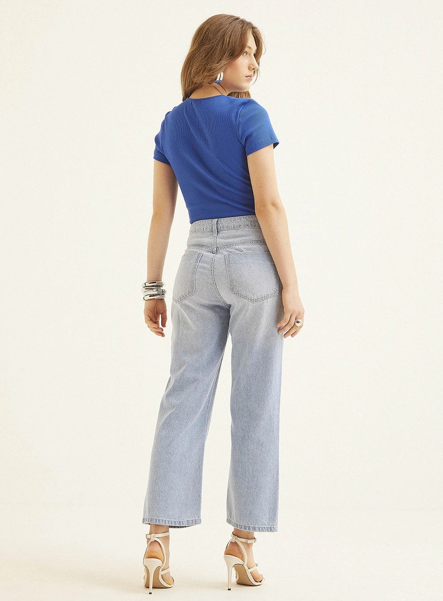 Calça Jeans Feminina New Straight Com Aplicações Índigo 5