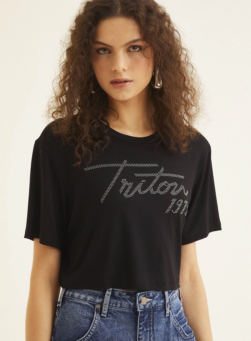 Camiseta Feminina Encurtada Estampa Logo Preto 3