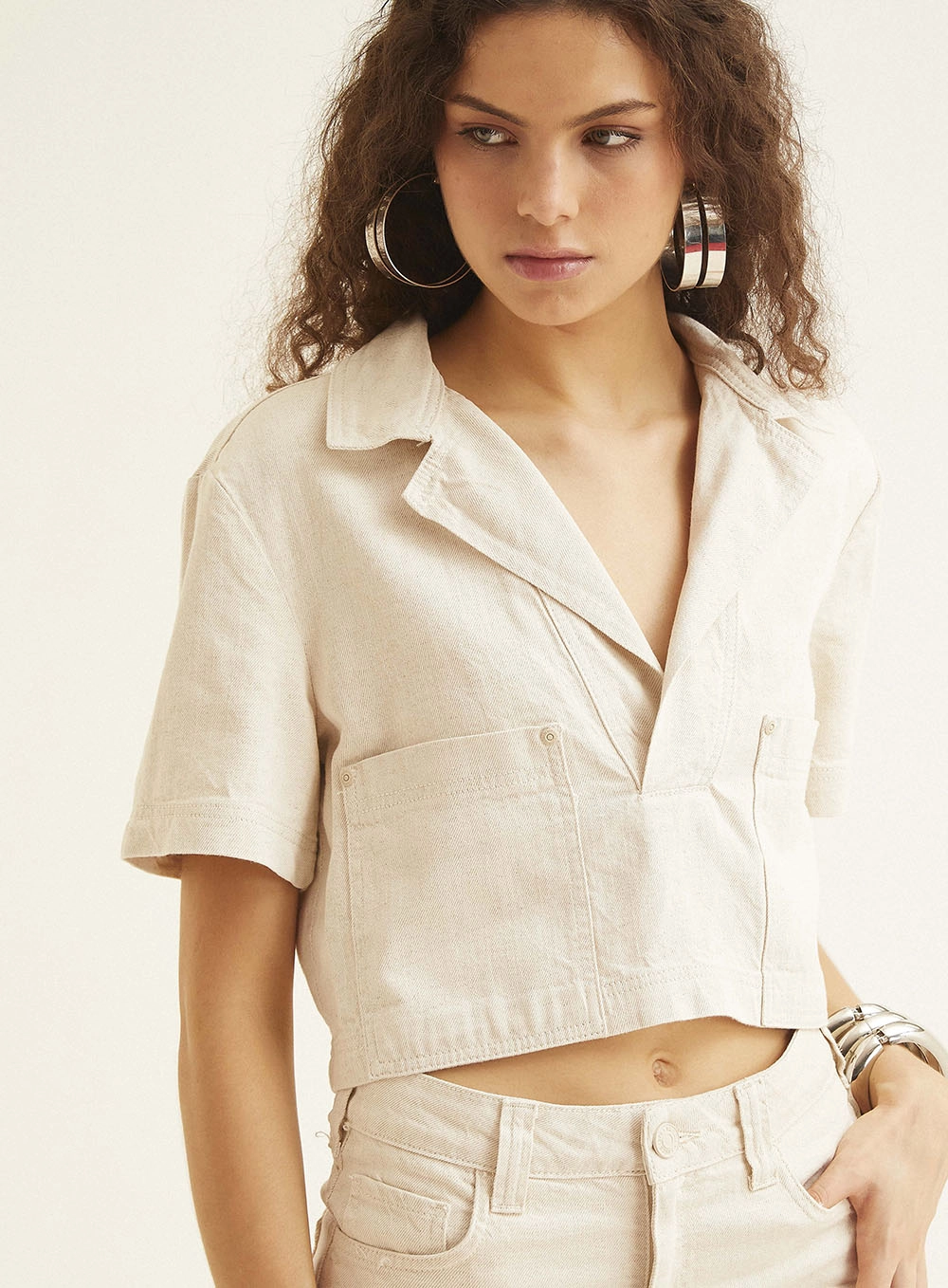 Blusa Sarja Linho Encurtada Bege 3