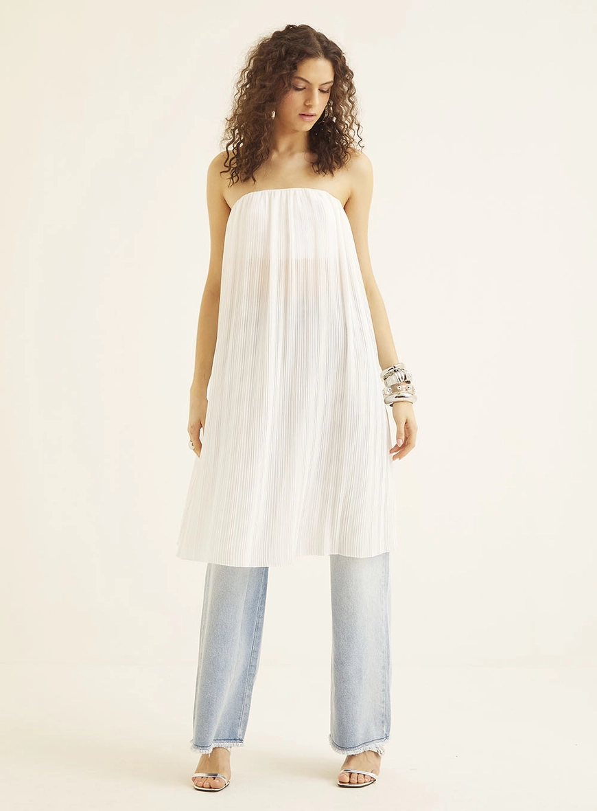 Blusa Túnica Plissada Sem Alças Branco 1