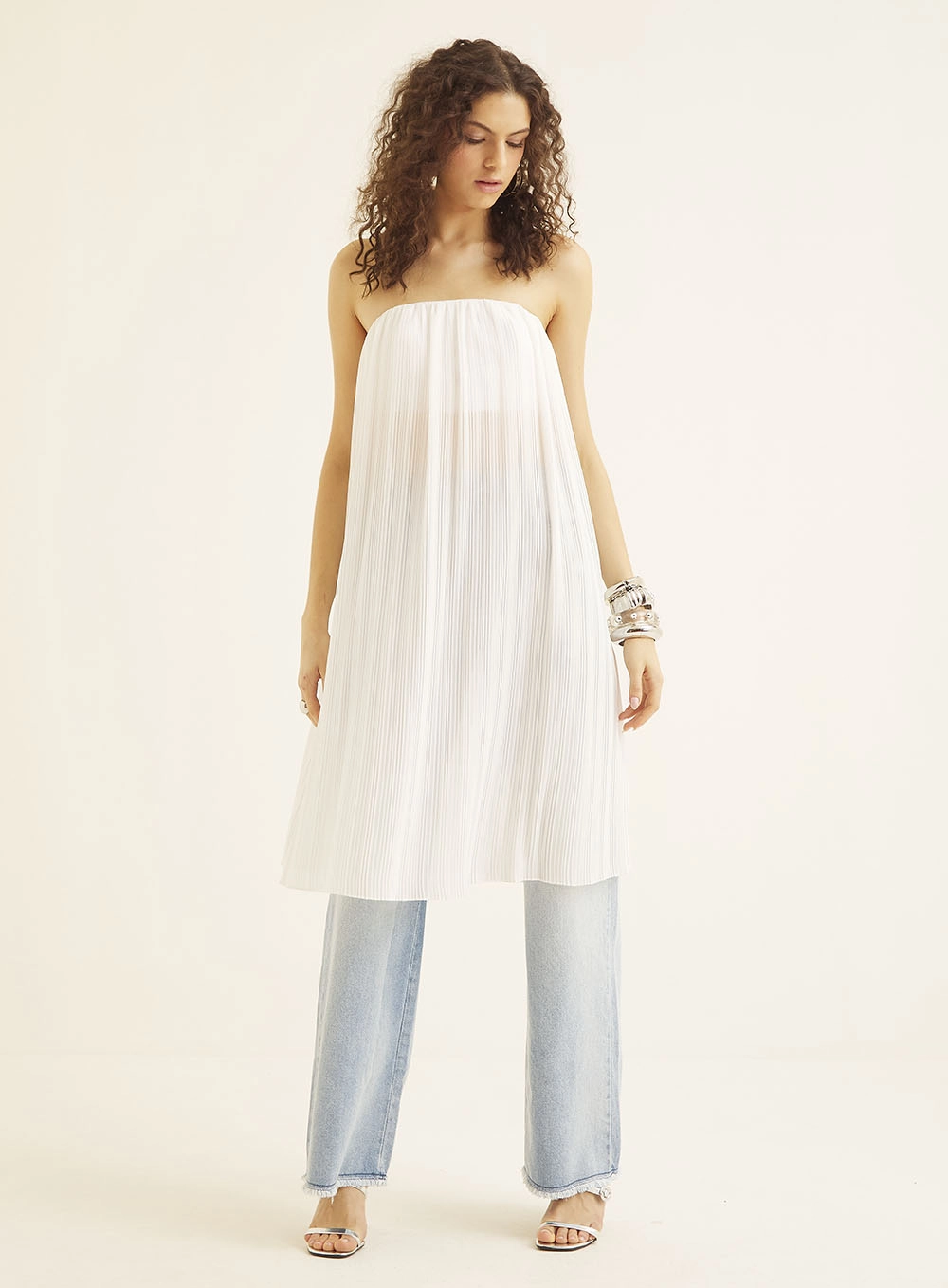 Blusa Túnica Plissada Sem Alças Branco 1