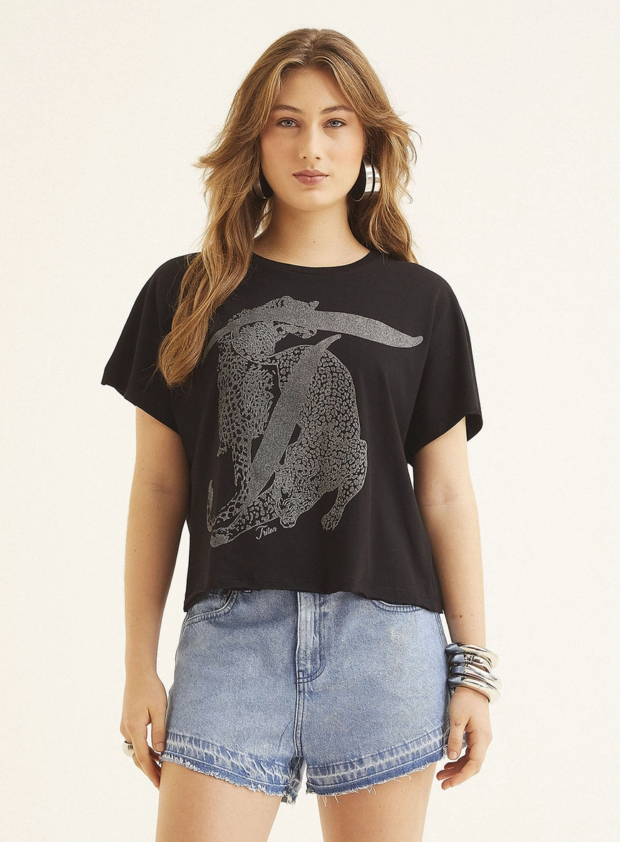 Blusa Com Estampa Encurtada Preto 2