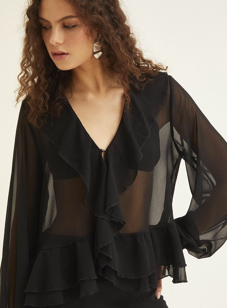 Blusa Manga Longa De Tule Preto 3