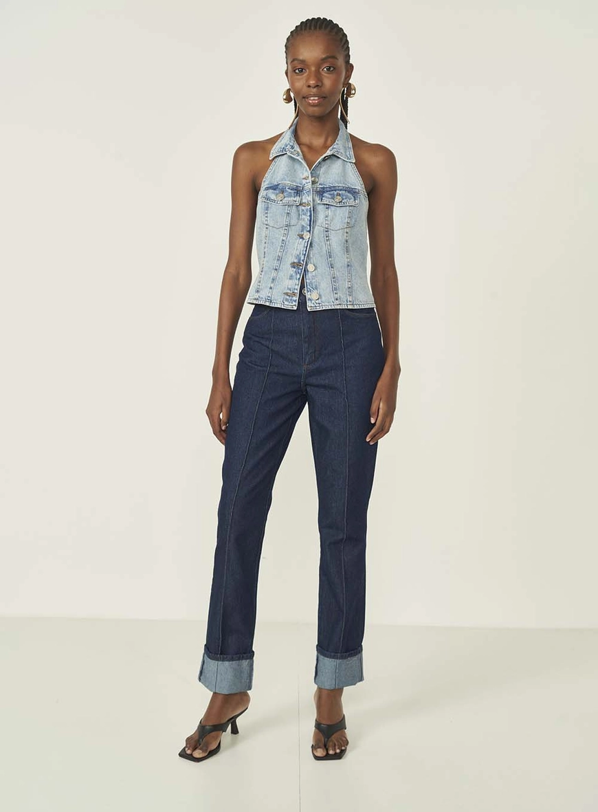 Calca Jeans Feminina Reta Roma Com Dobra