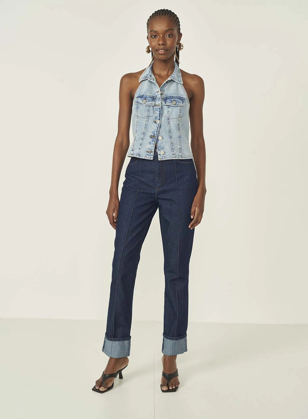 Calca Jeans Feminina Reta Roma Com Dobra Índigo