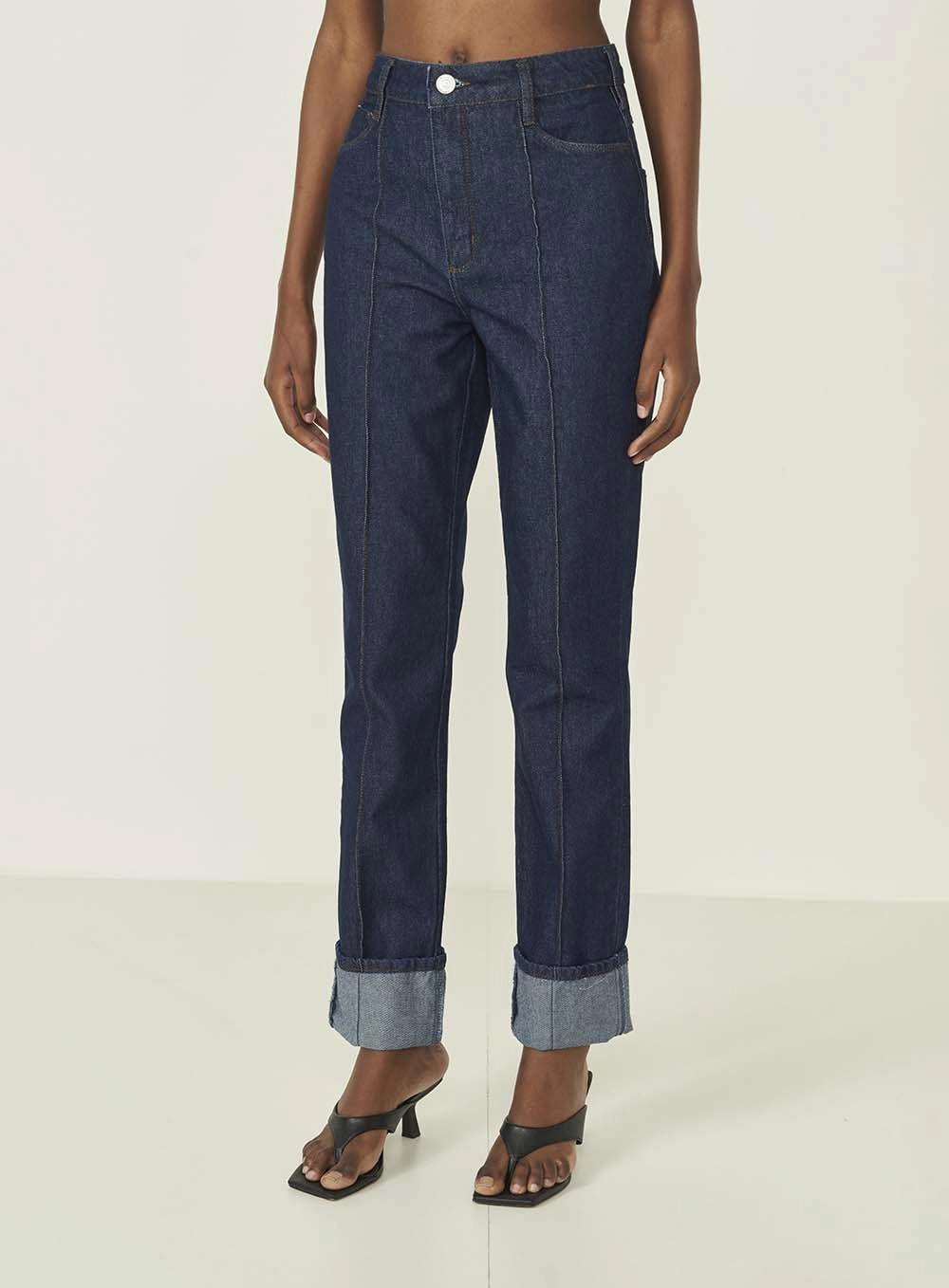 Calca Jeans Feminina Reta Roma Com Dobra Índigo