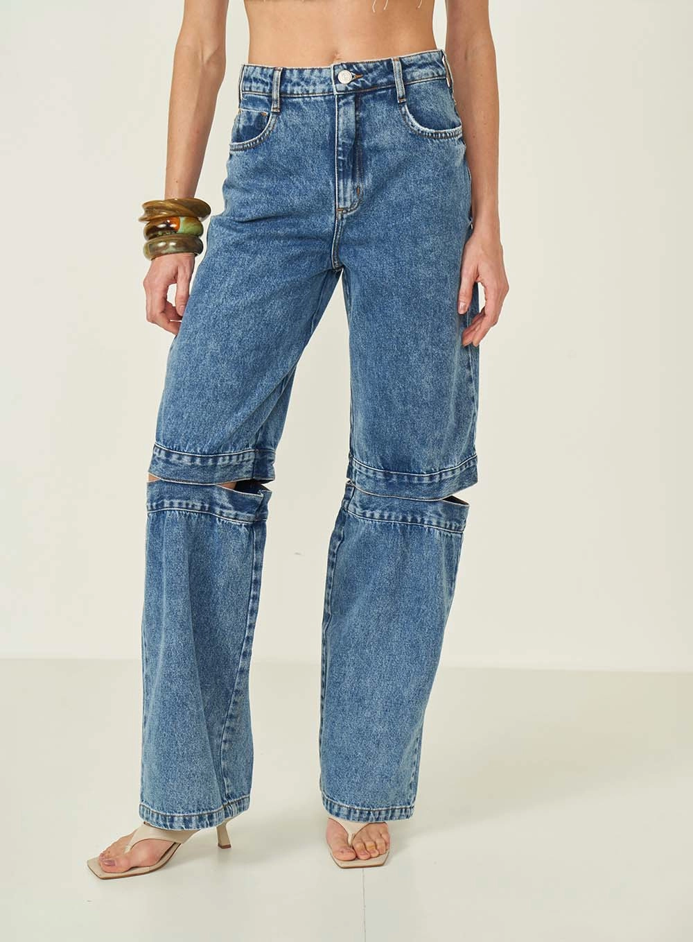 Calça Jeans Berlim Wide Com Recorte Índigo