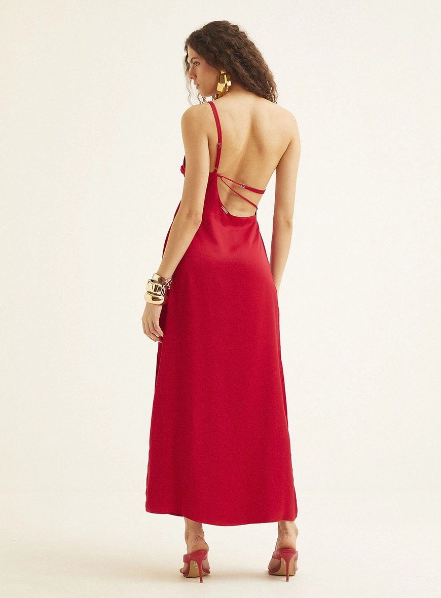 Vestido Midi Com Fenda E De Um Ombro Só Vermelho 4