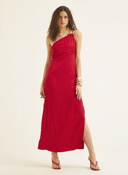 Vestido Midi Com Fenda E De Um Ombro Só