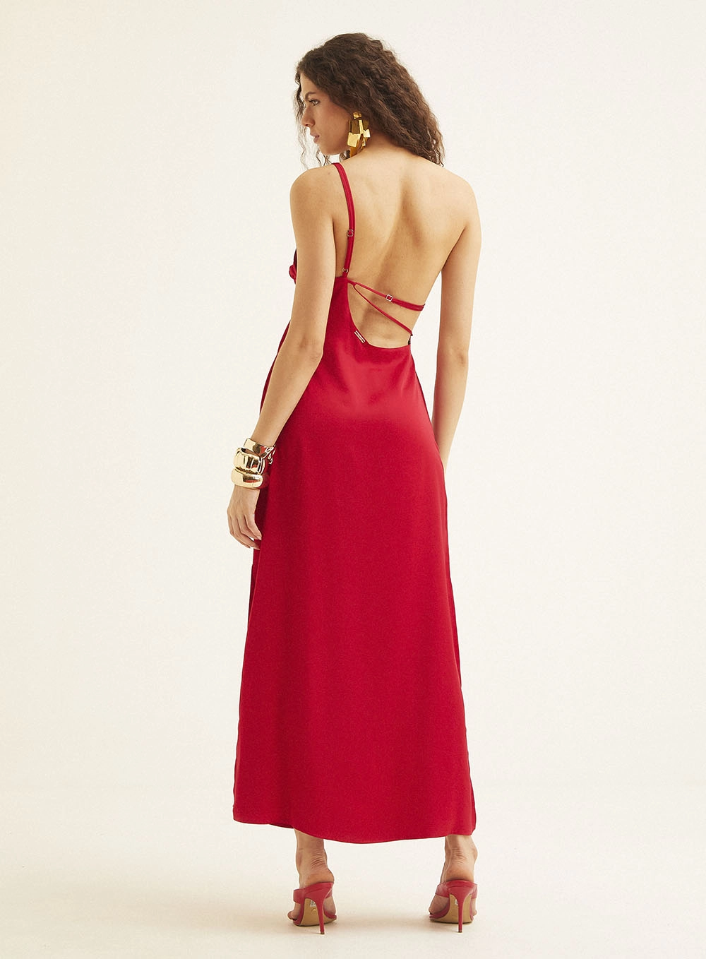Vestido Midi Com Fenda E De Um Ombro Só Vermelho 4