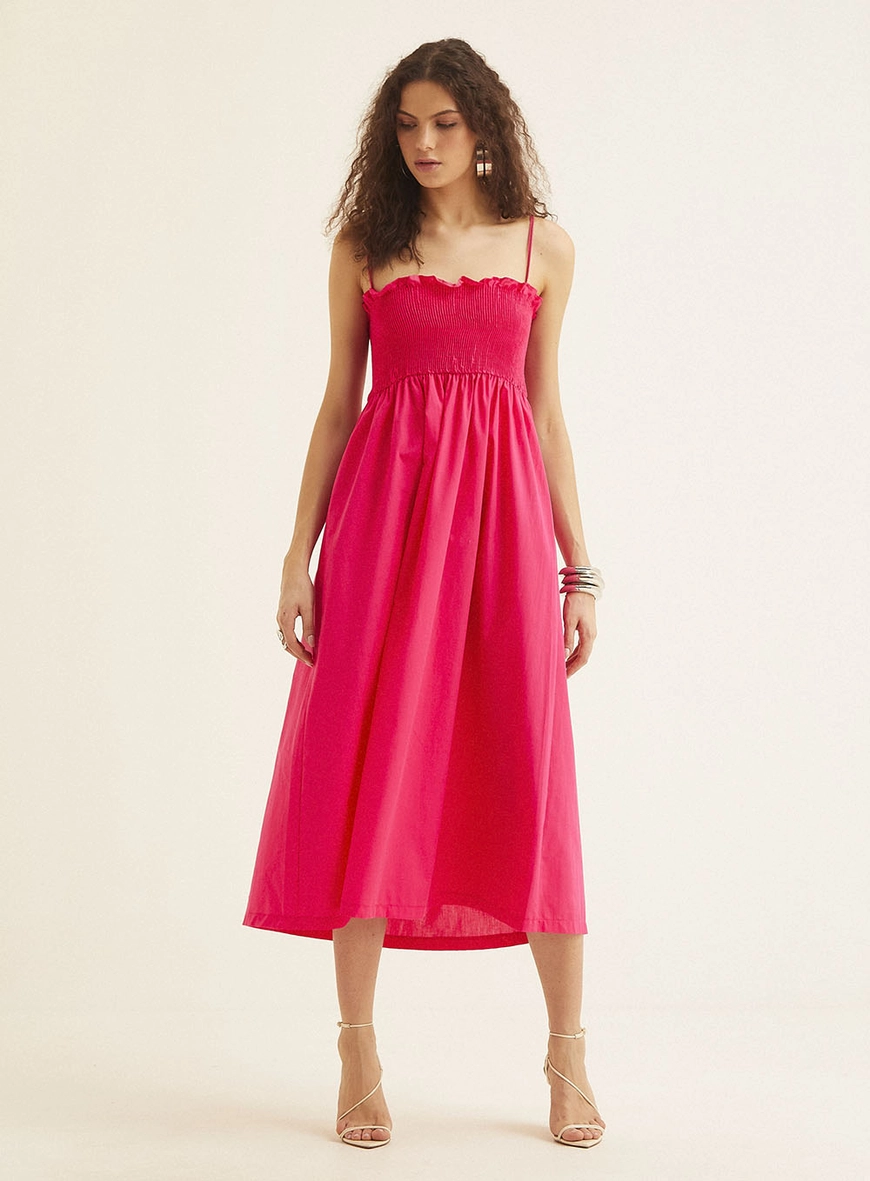 Vestido Midi Decote Reto Em Lastex Rosa 2