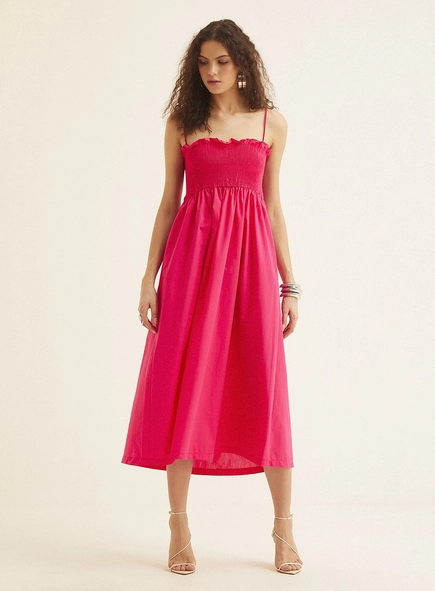 Vestido Midi Decote Reto Em Lastex