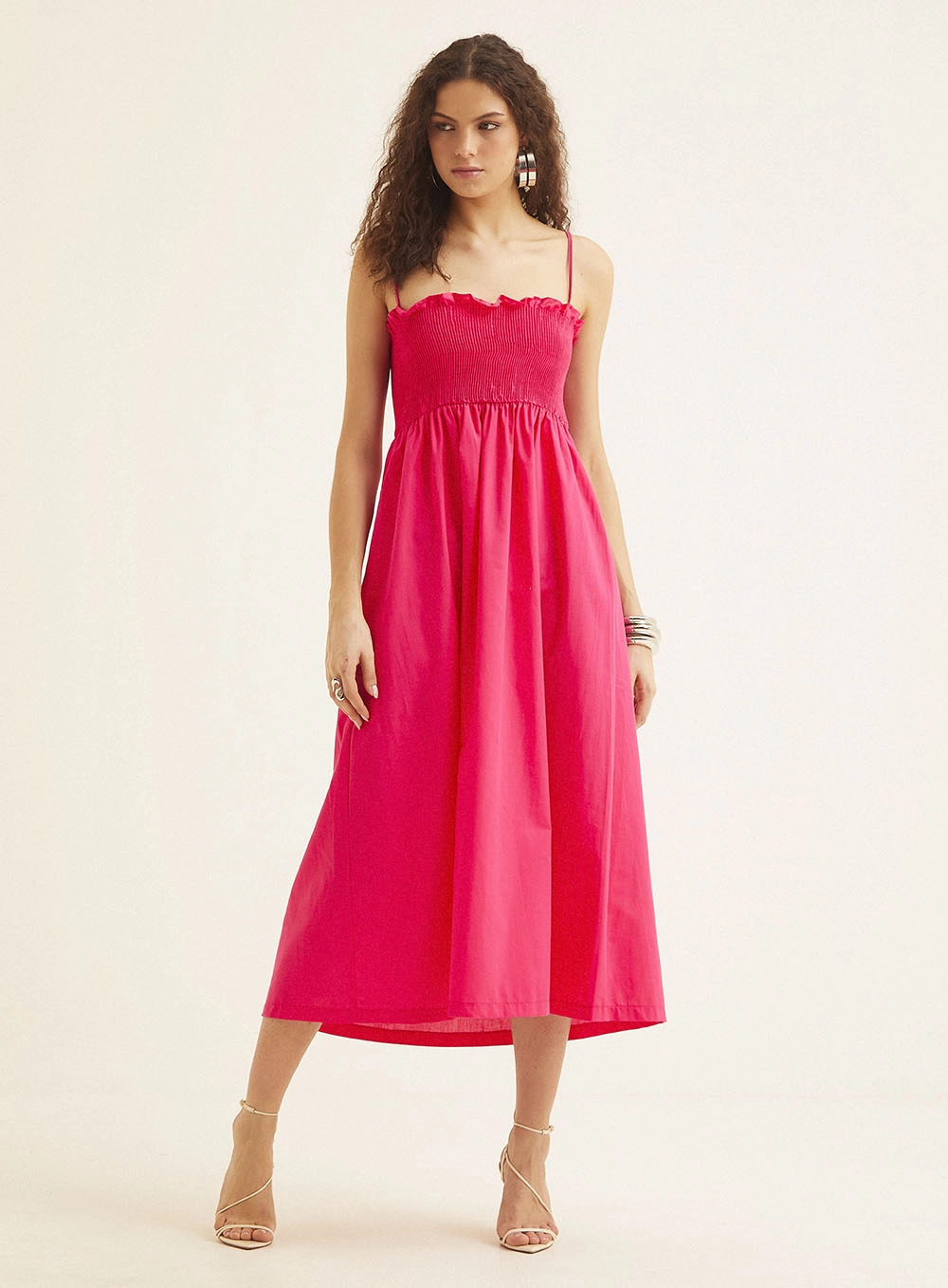Vestido Midi Decote Reto Em Lastex Rosa 1