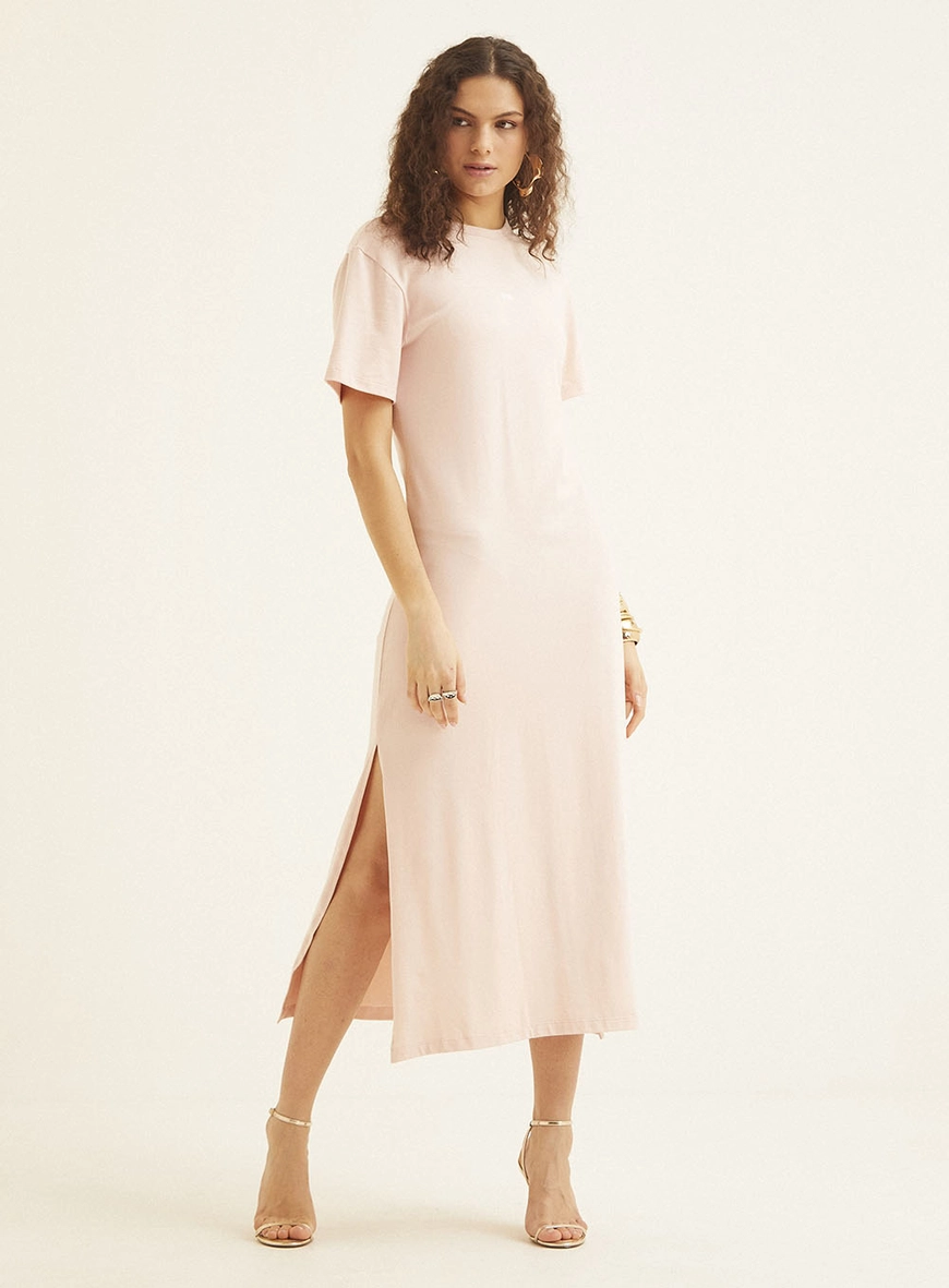 Vestido Midi T-shirt Dress Com Fenda Rosa 2