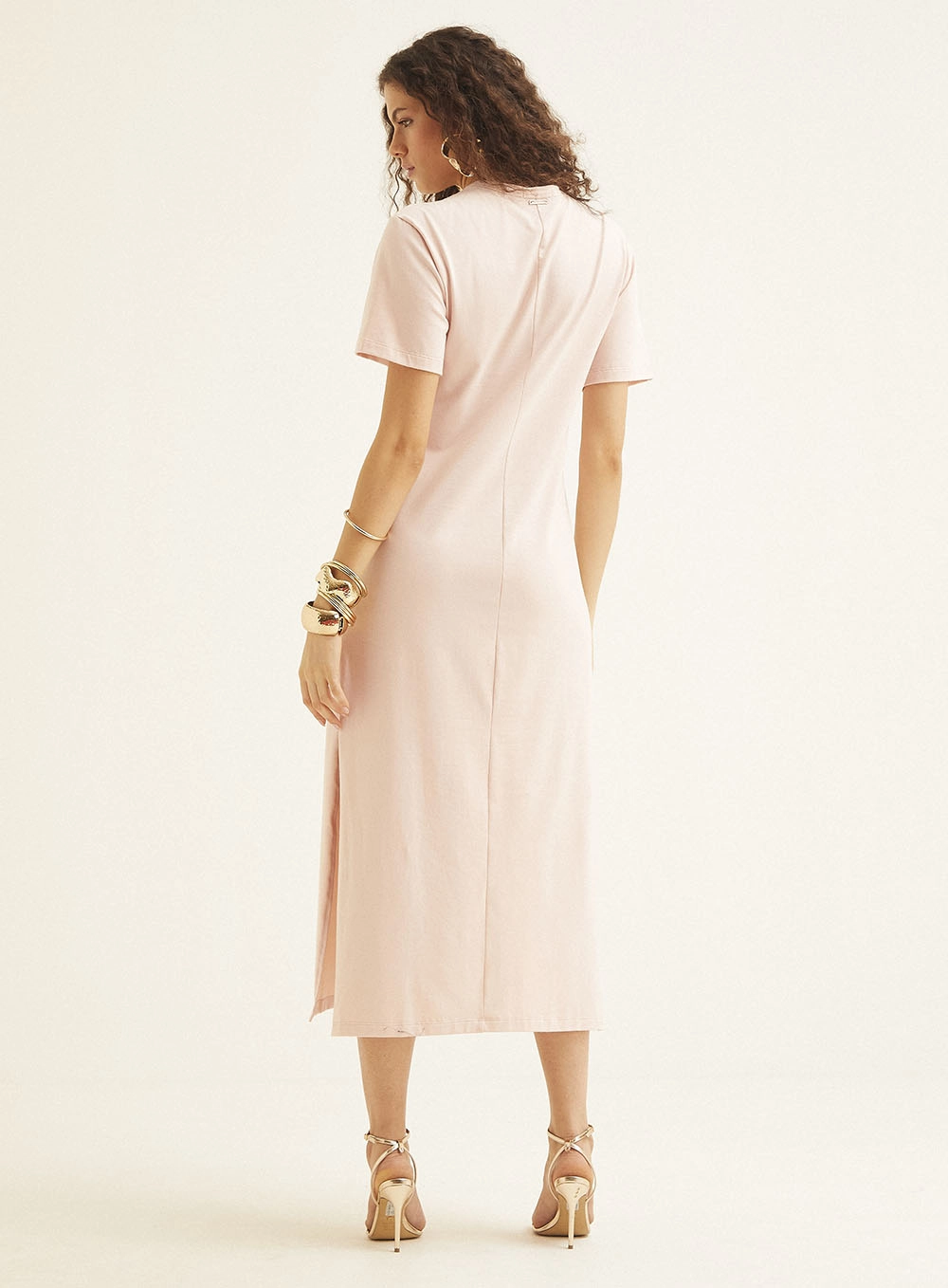 Vestido Midi T-shirt Dress Com Fenda Rosa 4
