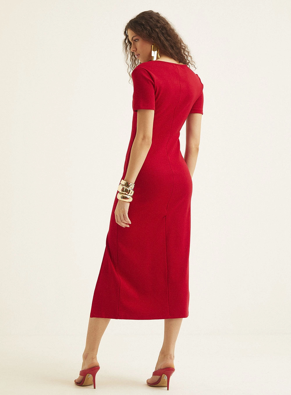 Vestido Midi Comfort Com Fenda E Decote V Vermelho 4