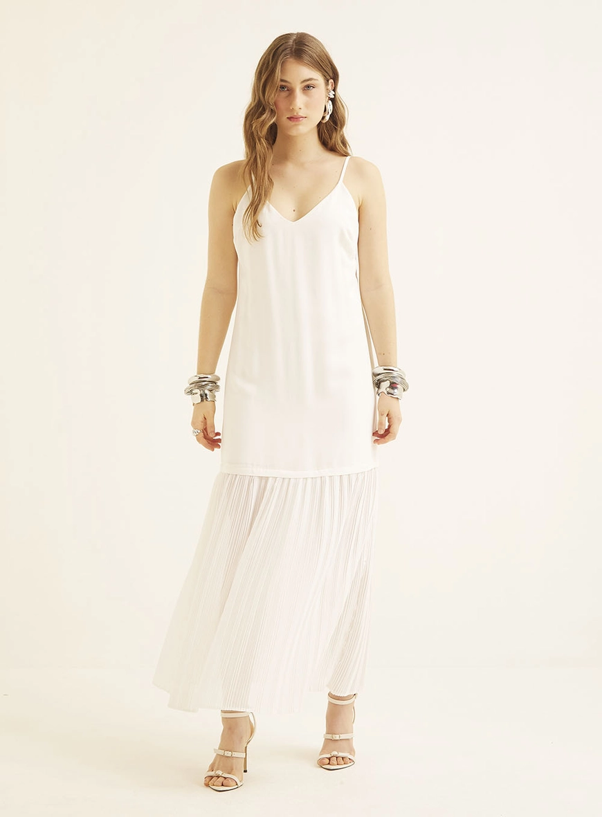 Vestido Longo Com Detalhe Plissado Branco 6