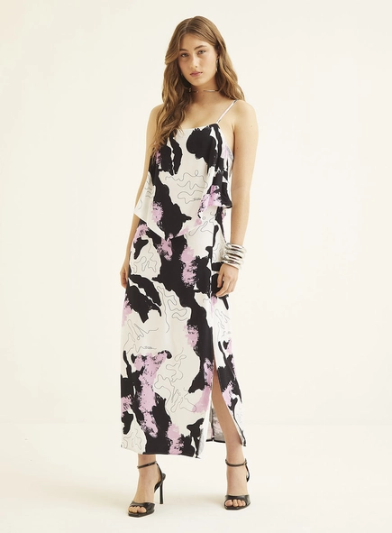 Vestido Midi Estampado Com Fenda E Sobreposição