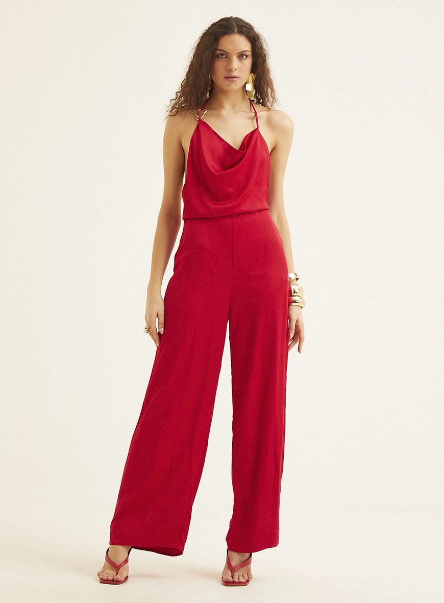 Macacão Pantalona Decote Degagê Com Costas Nuas Vermelho 4