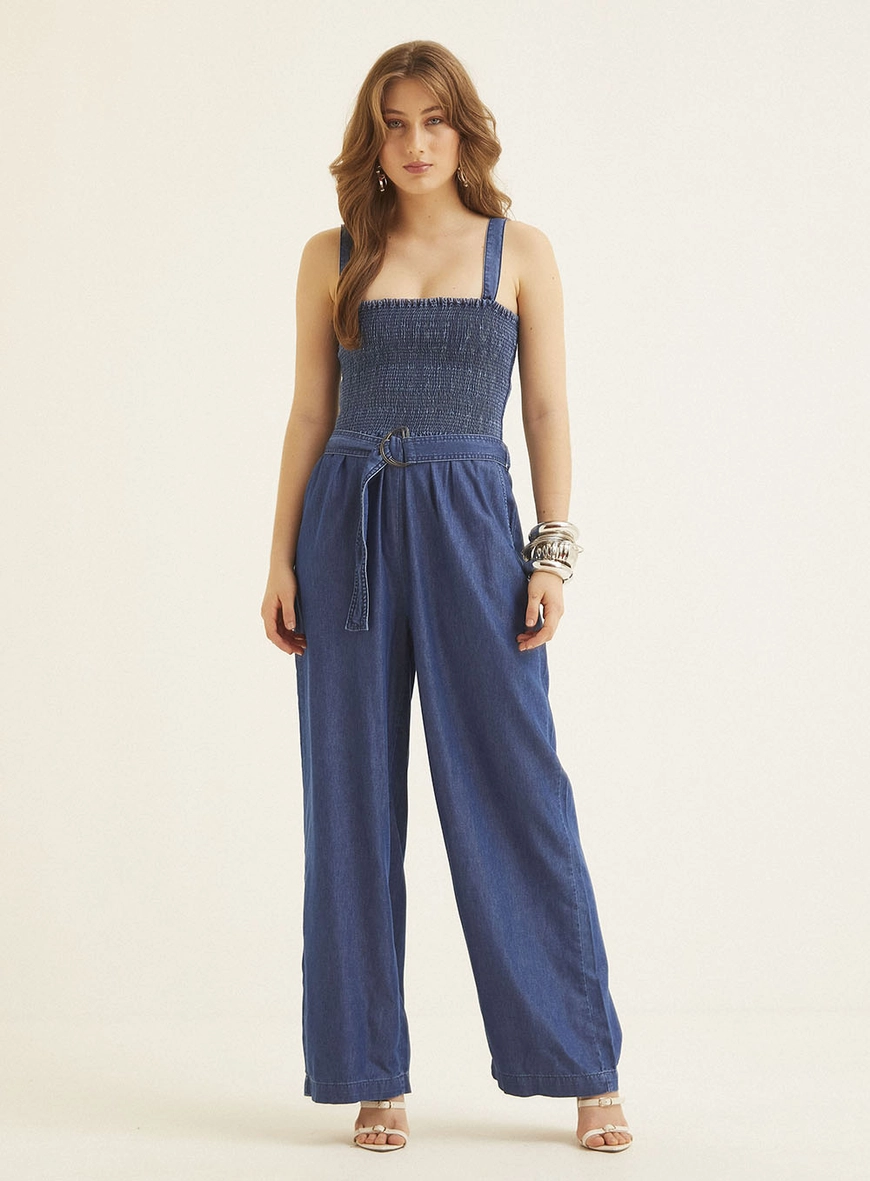 Macacão Jeans Pantalona Com Lastex Índigo 3