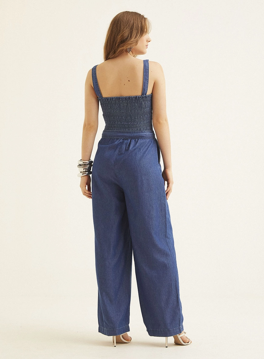 Macacão Jeans Pantalona Com Lastex Índigo 4