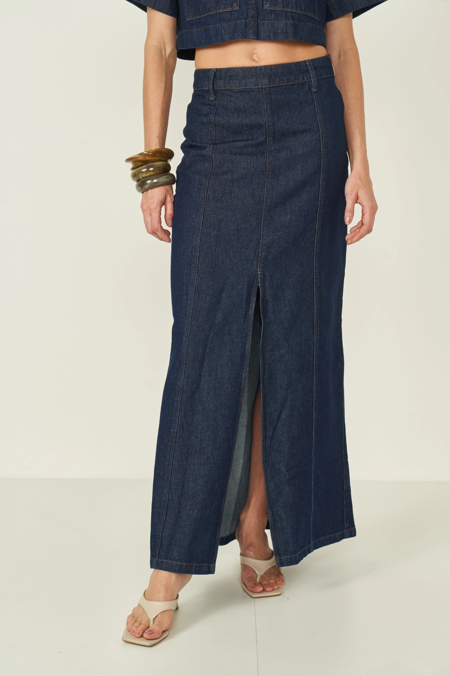 Saia Jeans Longa Com Fenda Frontal Índigo