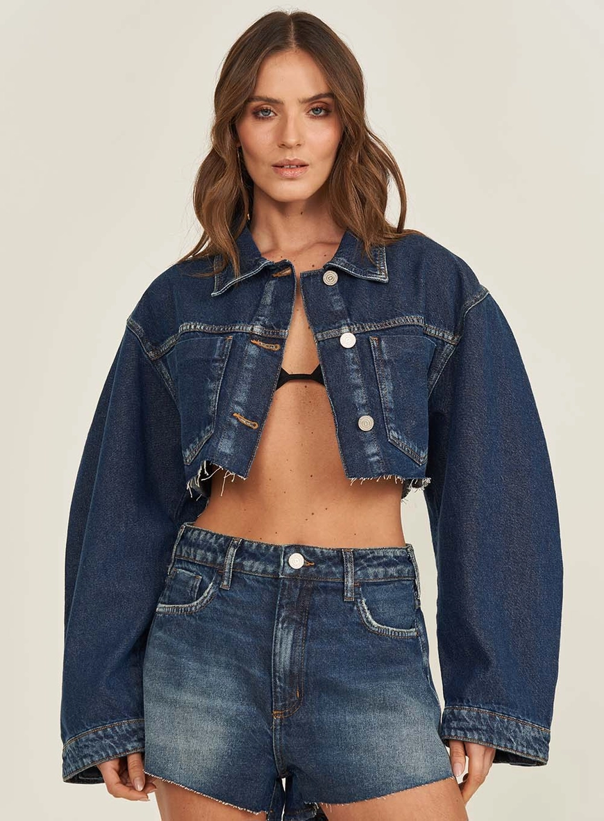 Jaqueta Jeans Feminina Alfaiataria Cropped
