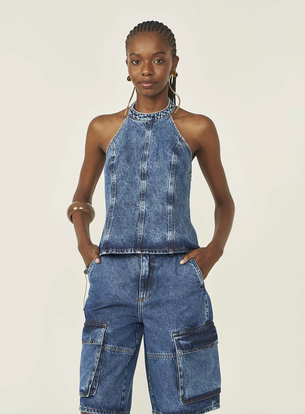 Blusa Jeans Alfaiataria Frente Única Índigo