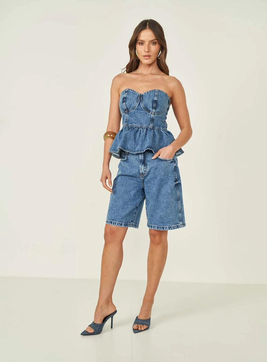 Blusa Jeans Feminina Evasê Sem Alças