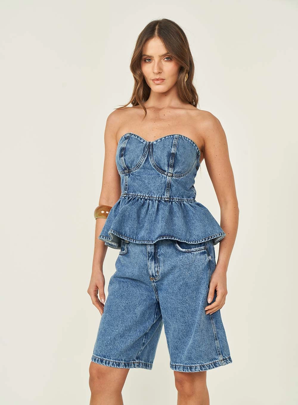 Blusa Jeans Feminina Evasê Sem Alças Índigo