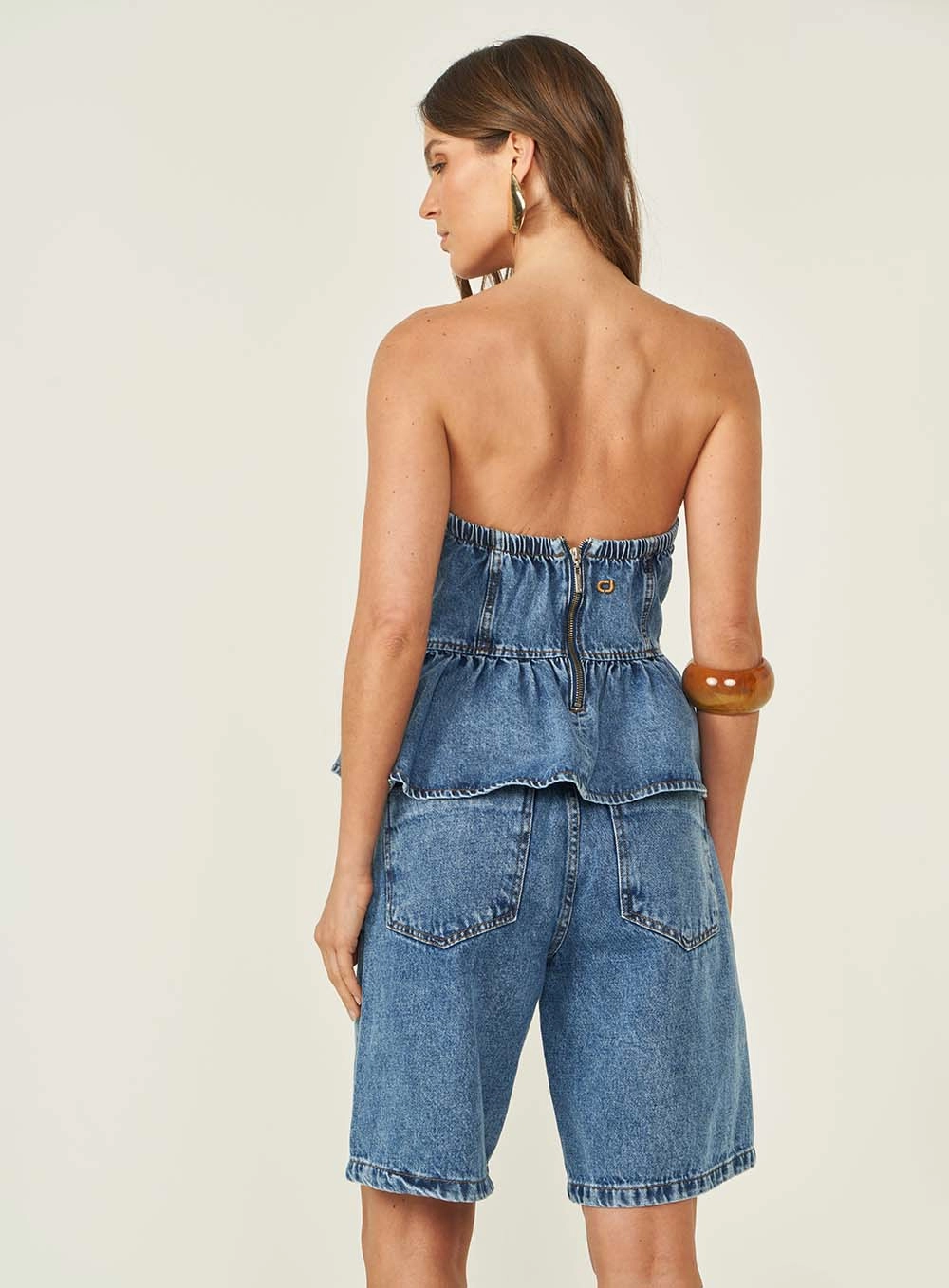 Blusa Jeans Feminina Evasê Sem Alças Índigo