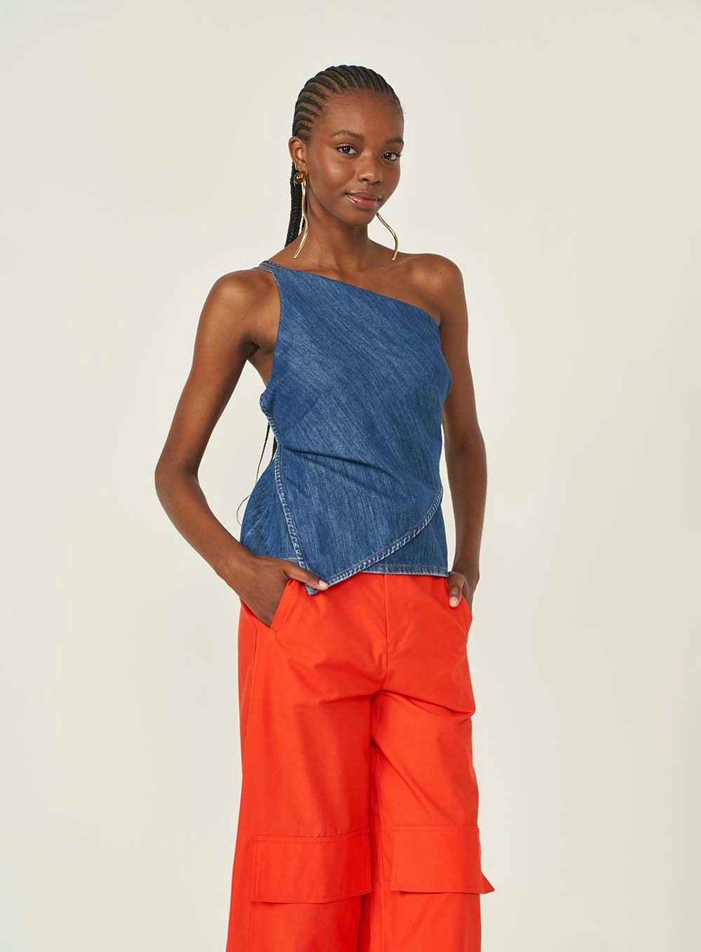 Blusa Jeans Feminina Ombro Único Comfort Índigo