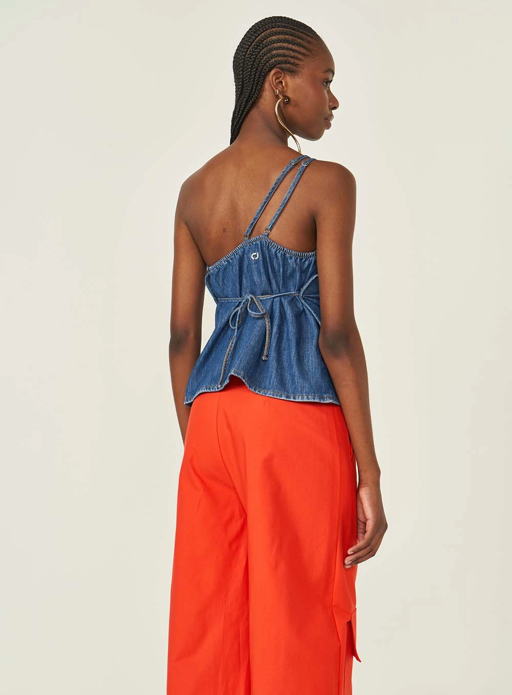 Blusa Jeans Feminina Ombro Único Comfort Índigo