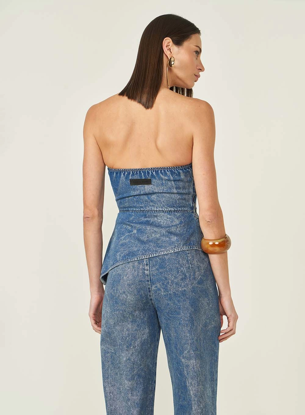 Blusa Jeans Feminina Assimétrica Sem Alças Índigo