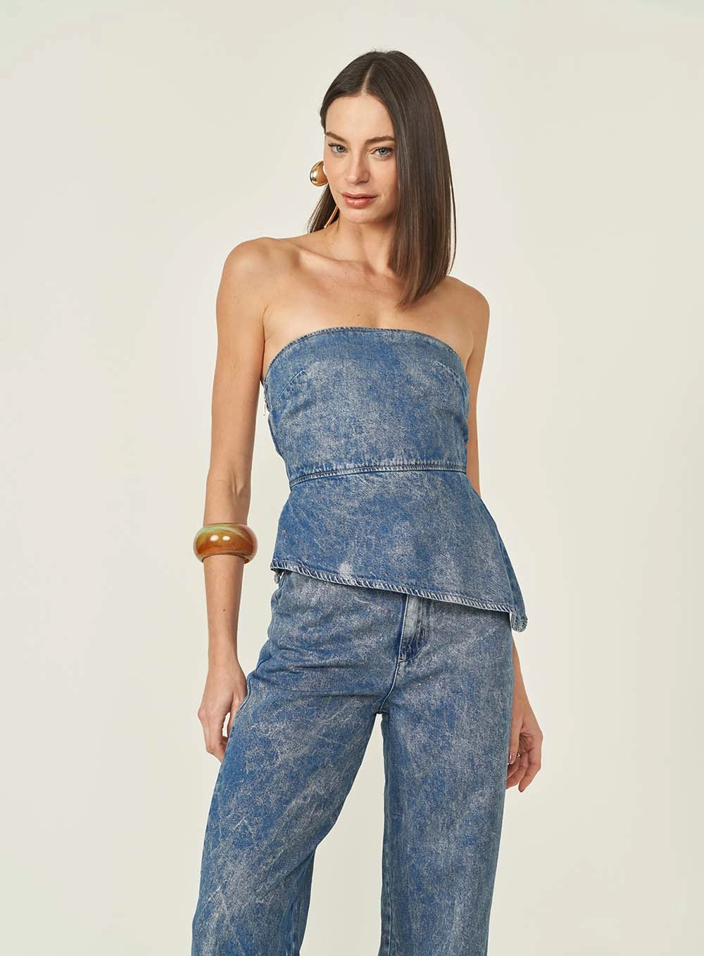 Blusa Jeans Feminina Assimétrica Sem Alças Índigo