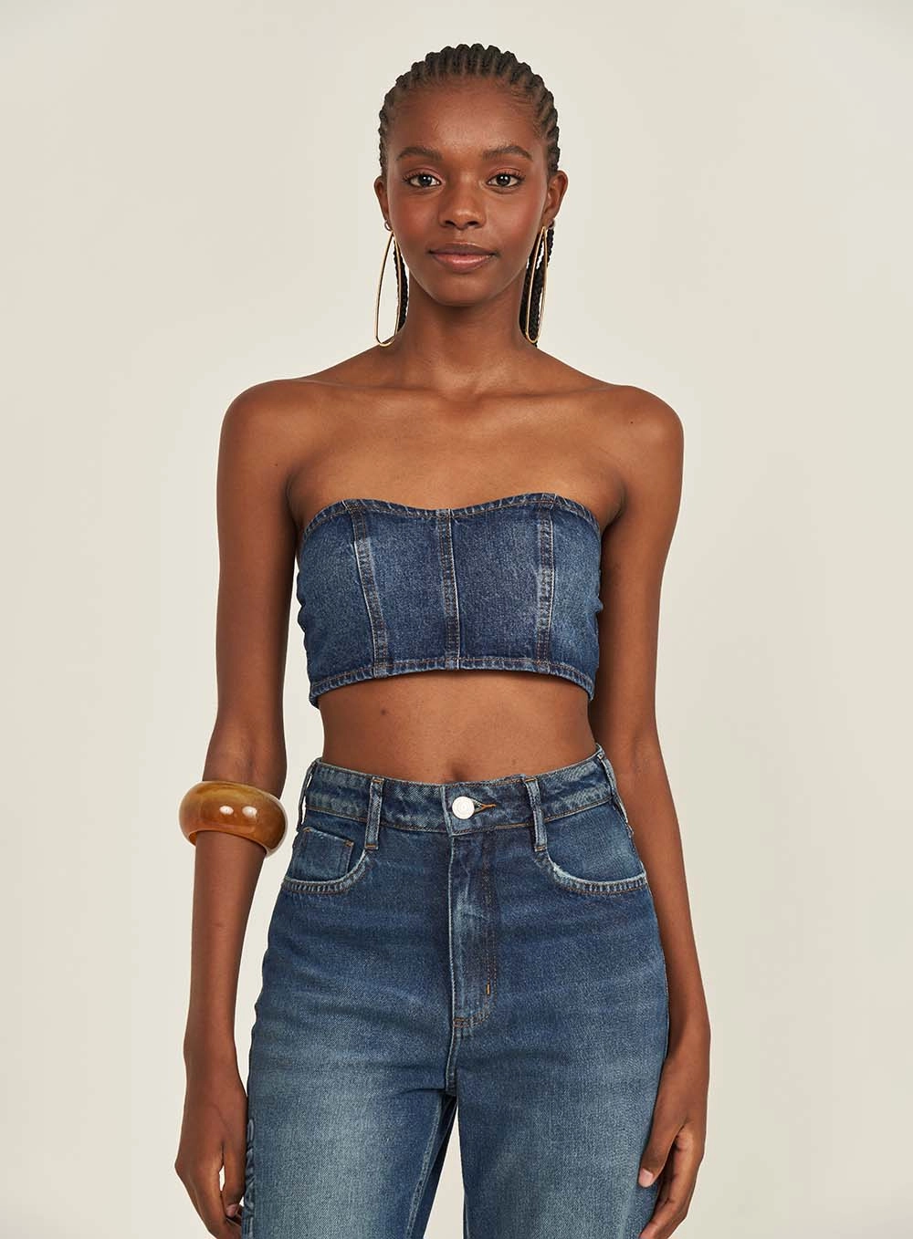 Top Jeans Slim Sem Alças Índigo