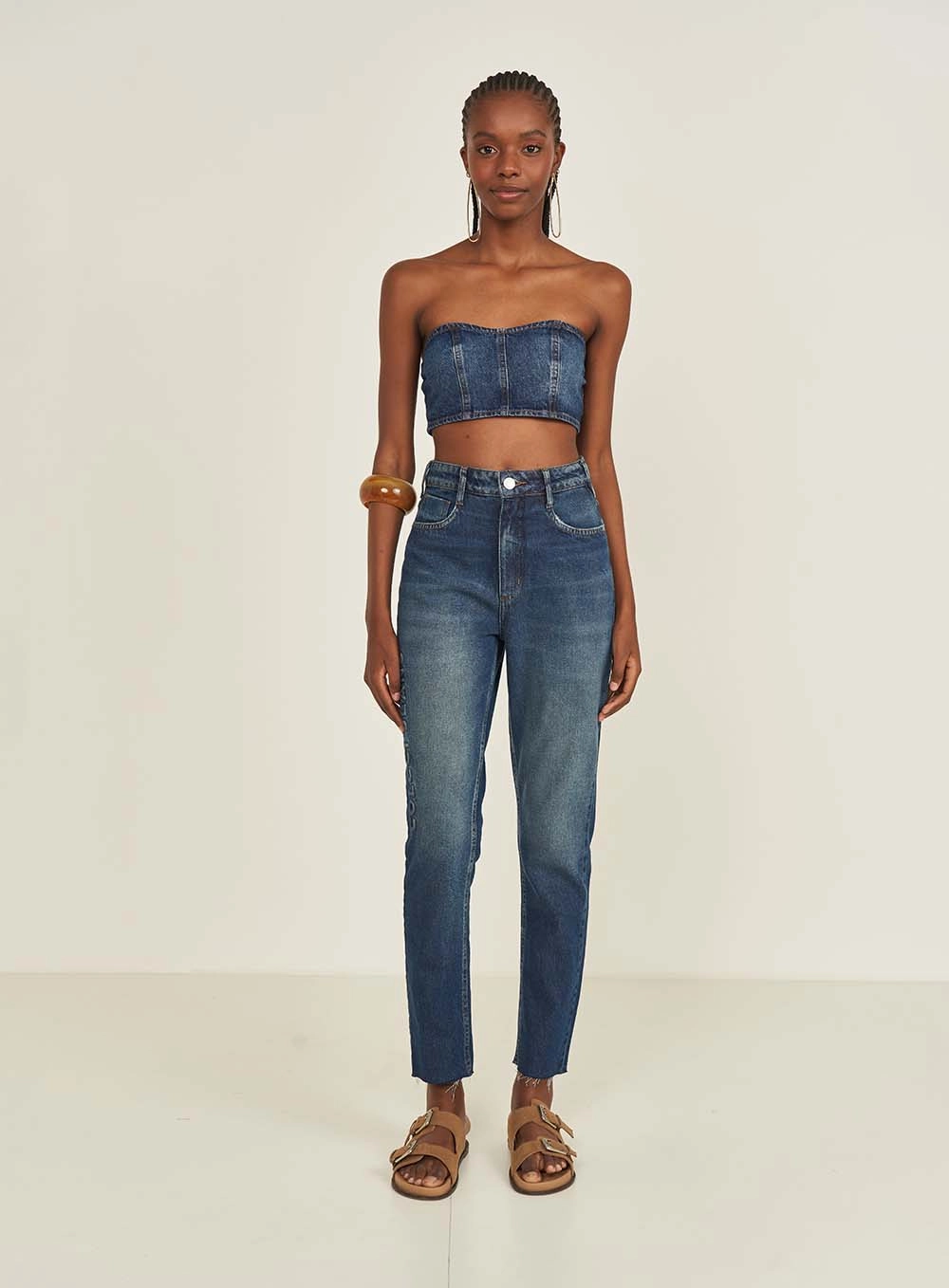 Top Jeans Slim Sem Alças Índigo