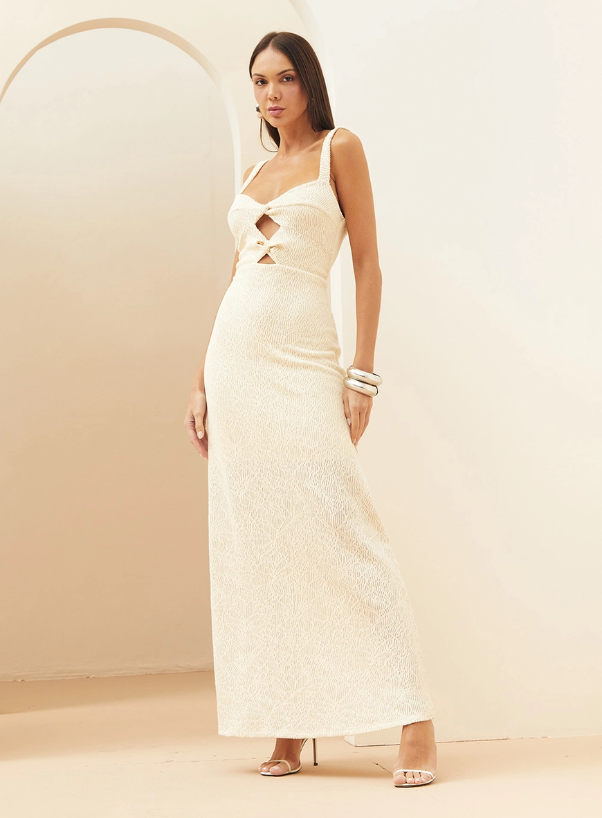 Vestido Midi Com Detalhe Em Amarração Bege